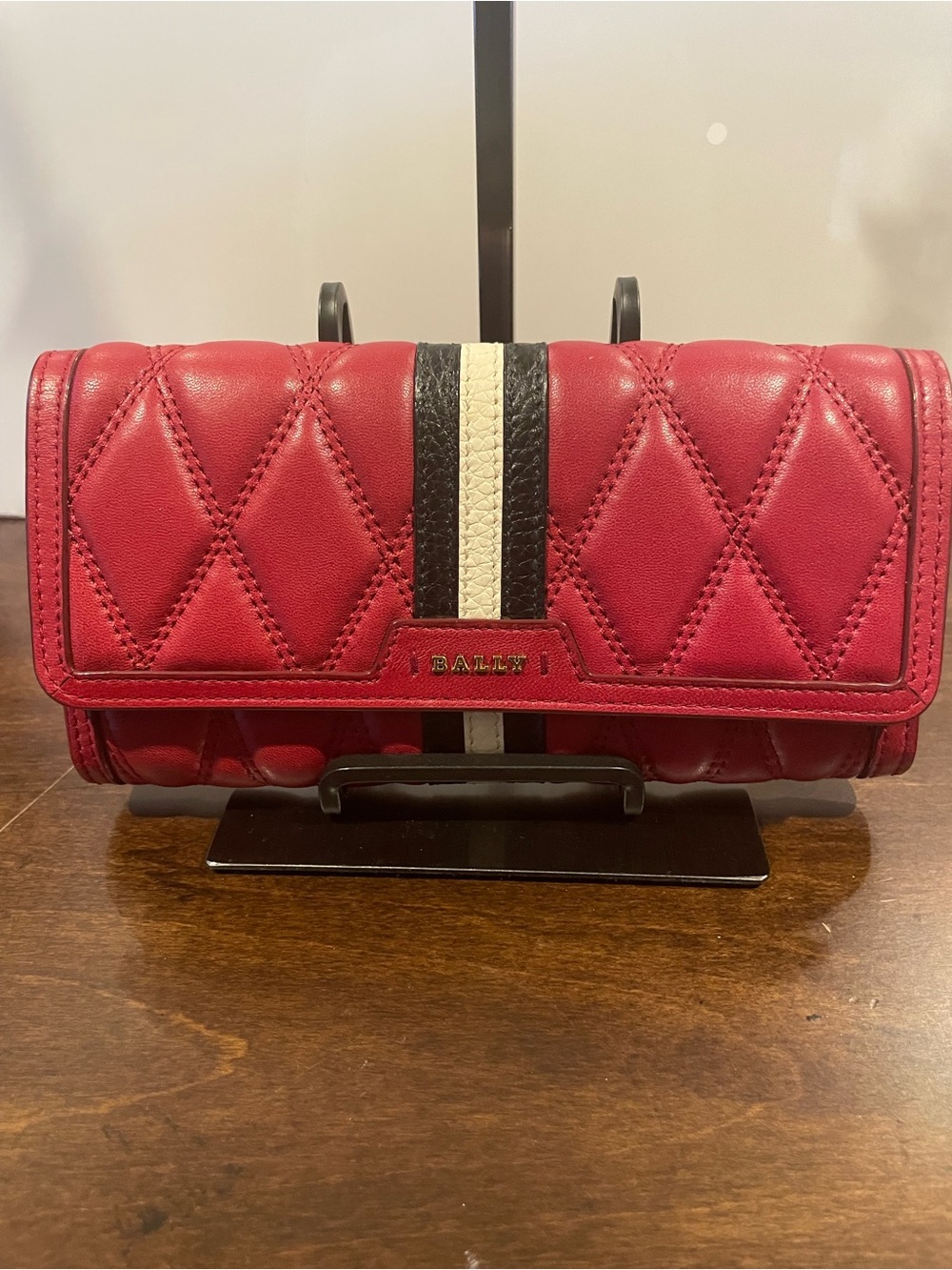 Bally Quilted Red Leather Wallet with Stripe Detail. NWOT